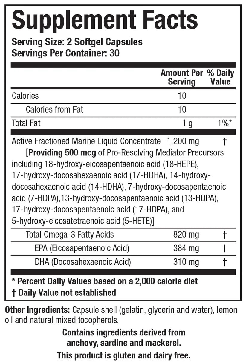 Supplement Facts label for Biotics Research Biomega-SPM showing a serving size of 2 softgel capsules with 30 servings per container, containing 1,200 mg of active fractioned marine liquid concentrate providing 500 mcg of pro-resolving mediator precursors (including 18-HEPE, 17-HDHA, 14-HDHA, 7-HDPA, 13-HDPA, 17-HDPA, and 5-HETE), along with 820 mg of total omega-3 fatty acids including 384 mg of EPA and 310 mg of DHA.