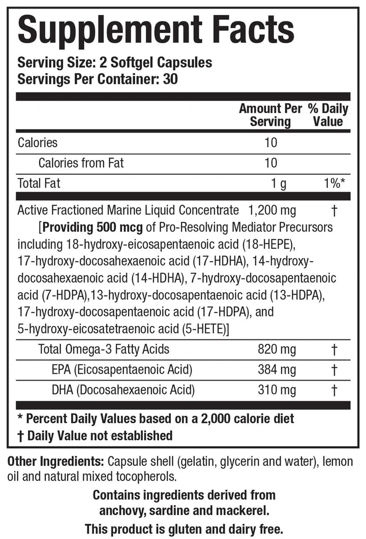 Supplement Facts label for Biotics Research Biomega-SPM showing a serving size of 2 softgel capsules with 30 servings per container, containing 1,200 mg of active fractioned marine liquid concentrate providing 500 mcg of pro-resolving mediator precursors (including 18-HEPE, 17-HDHA, 14-HDHA, 7-HDPA, 13-HDPA, 17-HDPA, and 5-HETE), along with 820 mg of total omega-3 fatty acids including 384 mg of EPA and 310 mg of DHA.
