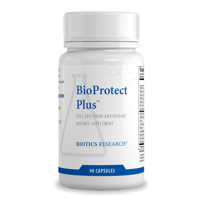 Biotics Research BioProtect Plus full spectrum antioxidant dietary supplement bottle featuring white packaging with blue accents, a laboratory beaker graphic, and a 90 capsules count.