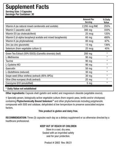 Supplement Facts label for BioProtect Plus showing a serving size of 3 capsules, containing Vitamin A, Vitamin C, Vitamin D3, Vitamin E, Vitamin K, zinc, selenium, Green Tea Extract, L-methionine, taurine, L-cysteine HCl, quercetin, L-glutathione, grape seed extract, olive fruit extract, and emulsified Coenzyme Q10.