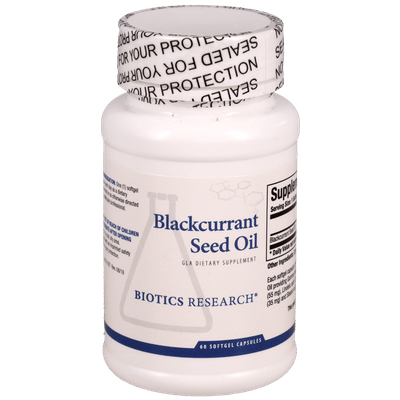 Biotics Research Blackcurrant Seed Oil GLA dietary supplement bottle featuring white packaging with blue accents, a laboratory beaker graphic, safety-sealed cap, and a 60 softgel capsules count.