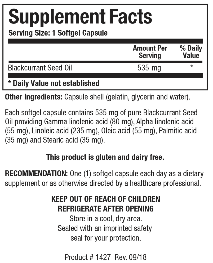 Supplement Facts label for Blackcurrant Seed Oil showing a serving size of 1 softgel capsule, containing 535 mg of blackcurrant seed oil, gamma linolenic acid, alpha linolenic acid, linoleic acid, oleic acid, palmitic acid, and stearic acid.