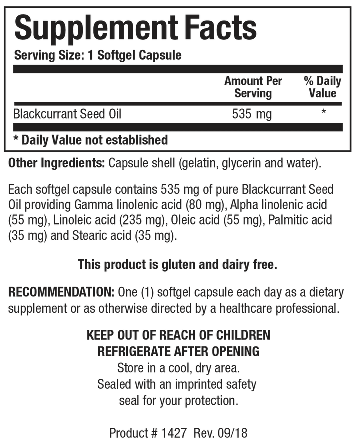 Supplement Facts label for Blackcurrant Seed Oil showing a serving size of 1 softgel capsule, containing 535 mg of blackcurrant seed oil, gamma linolenic acid, alpha linolenic acid, linoleic acid, oleic acid, palmitic acid, and stearic acid.