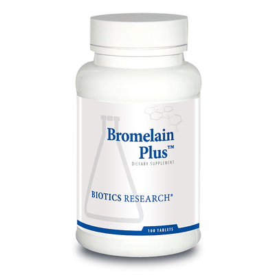 Biotics Research Bromelain Plus dietary supplement bottle featuring white packaging with blue accents, a laboratory beaker graphic, and a 100 tablets count.
