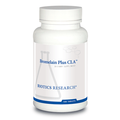 Biotics Research Bromelain Plus CLA dietary supplement bottle featuring white packaging with blue accents, a laboratory beaker graphic, and a 100 tablets count.
