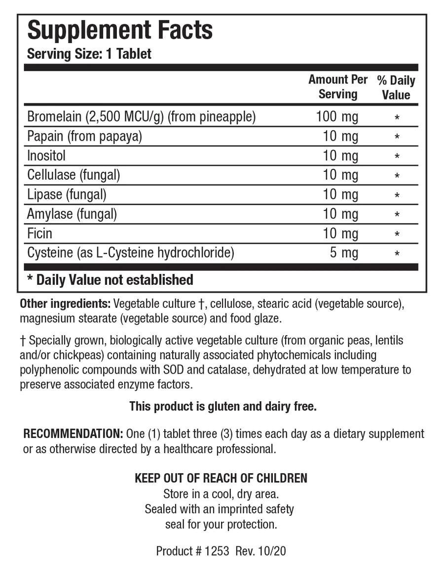 Supplement Facts label for Bromelain Plus CLA showing a serving size of 1 tablet, containing 100 mg of bromelain from pineapple, papain, inositol, fungal cellulase, fungal lipase, fungal amylase, ficin, and cysteine.