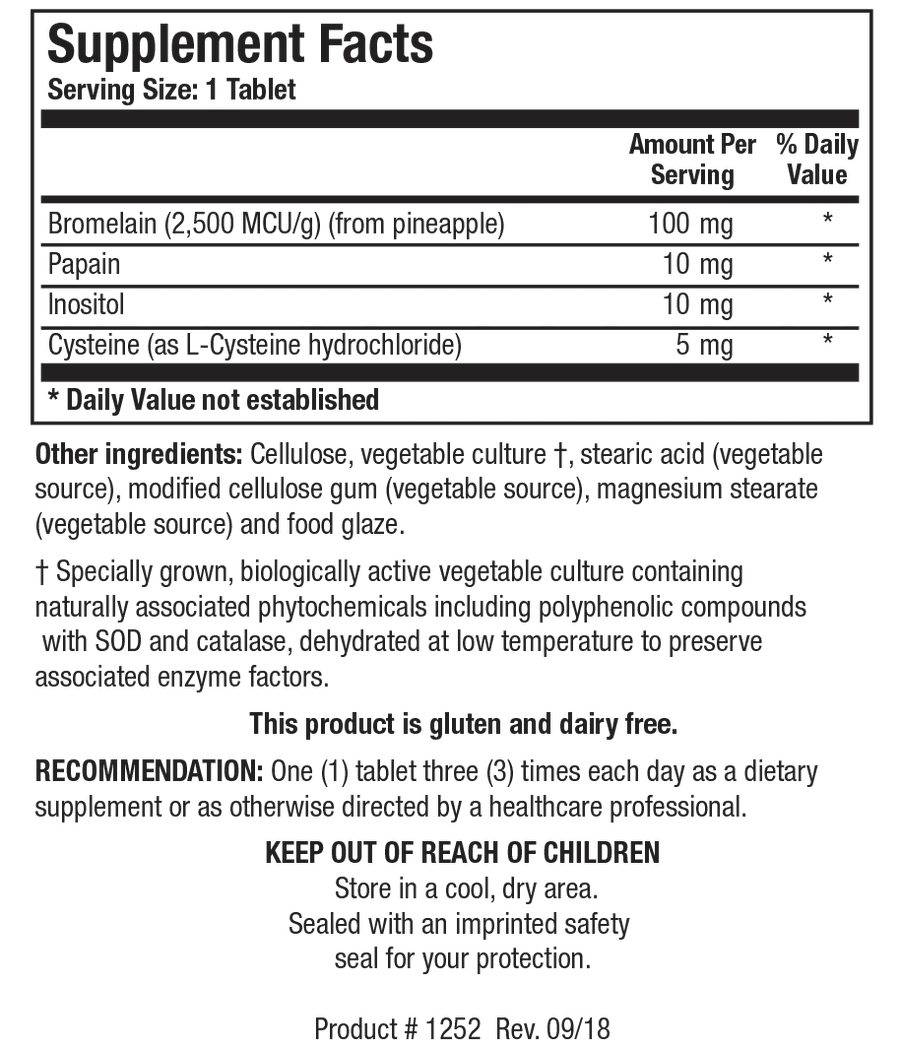 Supplement Facts label for Bromelain Plus showing a serving size of 1 tablet, containing 100 mg of bromelain from pineapple, 10 mg of papain, 10 mg of inositol, and 5 mg of cysteine as L-cysteine hydrochloride.