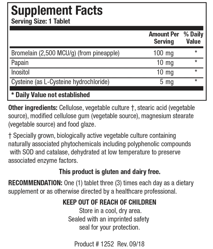 Supplement Facts label for Bromelain Plus showing a serving size of 1 tablet, containing 100 mg of bromelain from pineapple, 10 mg of papain, 10 mg of inositol, and 5 mg of cysteine as L-cysteine hydrochloride.