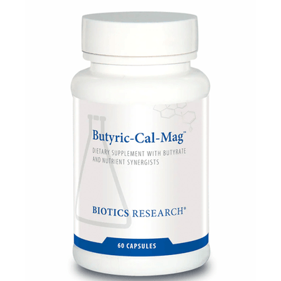 Biotics Research Butyric-Cal-Mag dietary supplement bottle featuring white packaging with blue accents, a laboratory beaker graphic, butyrate and nutrient synergists labeling, and a 60 capsules count.
