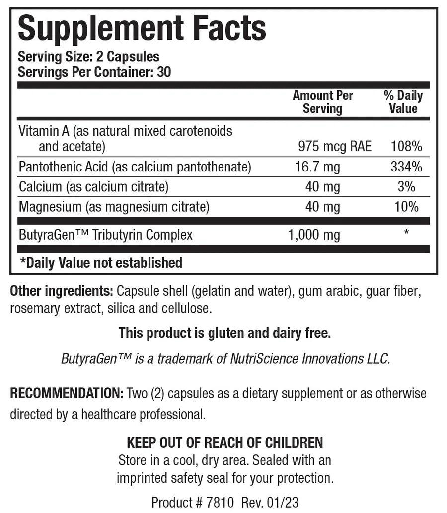 Supplement Facts label for Butyric-Cal-Mag showing a serving size of 2 capsules, containing Vitamin A, pantothenic acid, calcium, magnesium, and 1,000 mg of ButyraGen Tributyrin Complex.