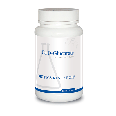 Biotics Research Ca D-Glucarate dietary supplement bottle featuring white packaging with blue accents, a laboratory beaker graphic, and a 120 capsules count.