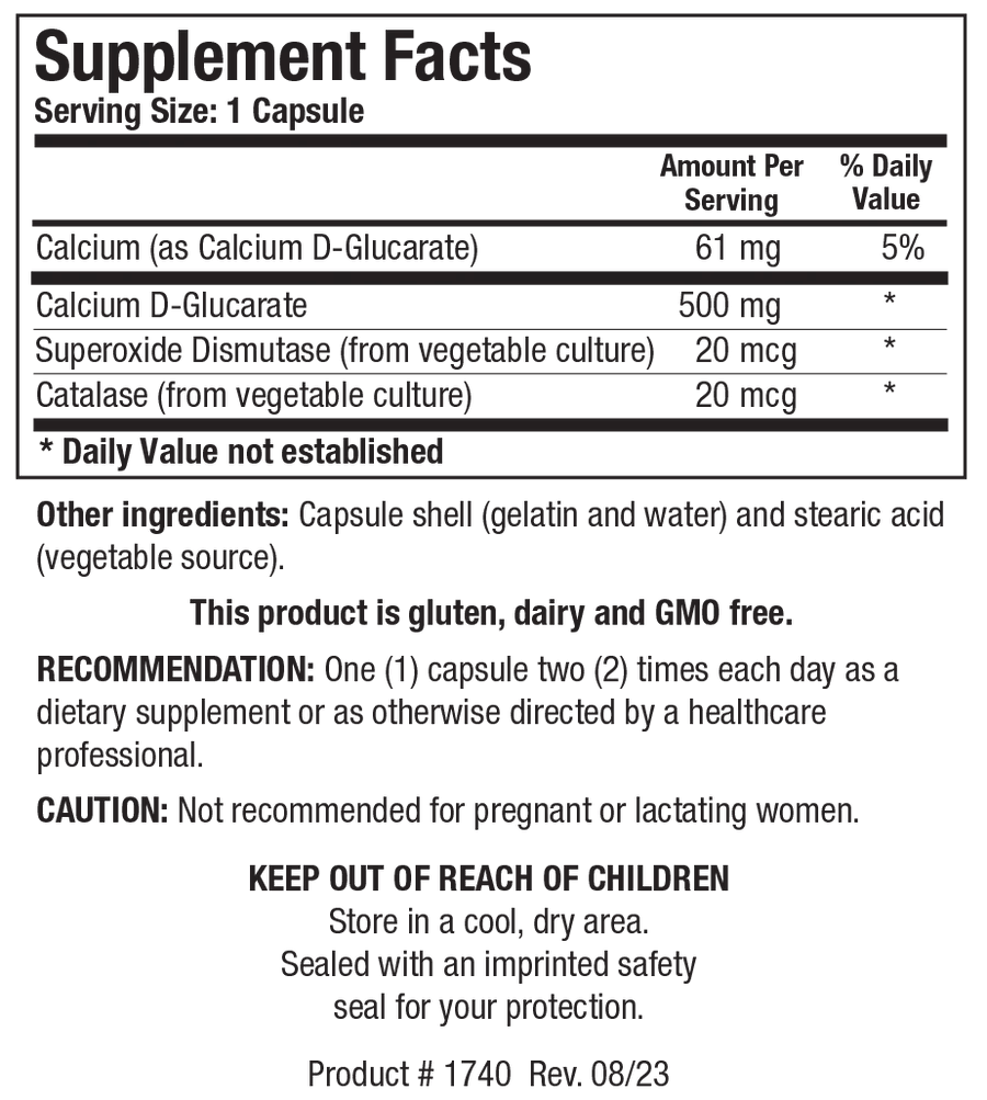 Supplement Facts label for Ca D-Glucarate showing a serving size of 1 capsule, containing 61 mg of calcium as Calcium D-Glucarate, 500 mg of Calcium D-Glucarate, Superoxide Dismutase, and Catalase.