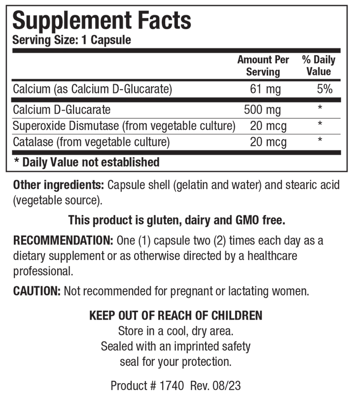 Supplement Facts label for Ca D-Glucarate showing a serving size of 1 capsule, containing 61 mg of calcium as Calcium D-Glucarate, 500 mg of Calcium D-Glucarate, Superoxide Dismutase, and Catalase.