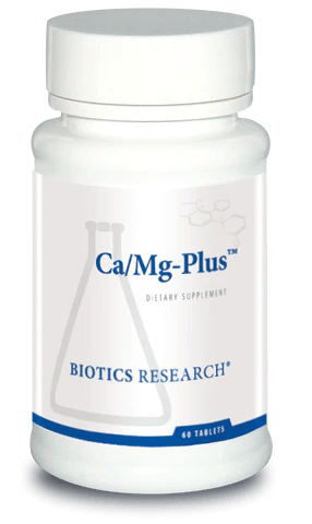 Biotics Research Ca/Mg-Plus dietary supplement bottle featuring white packaging with blue accents, a laboratory beaker graphic, and a 60 tablets count