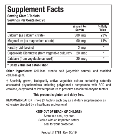 Supplement Facts label for Ca/Mg-Plus showing a serving size of 3 tablets, containing 300 mg of calcium as calcium citrate, 60 mg of magnesium as magnesium citrate, 3 mg of bovine parathyroid, Superoxide Dismutase, and Catalase