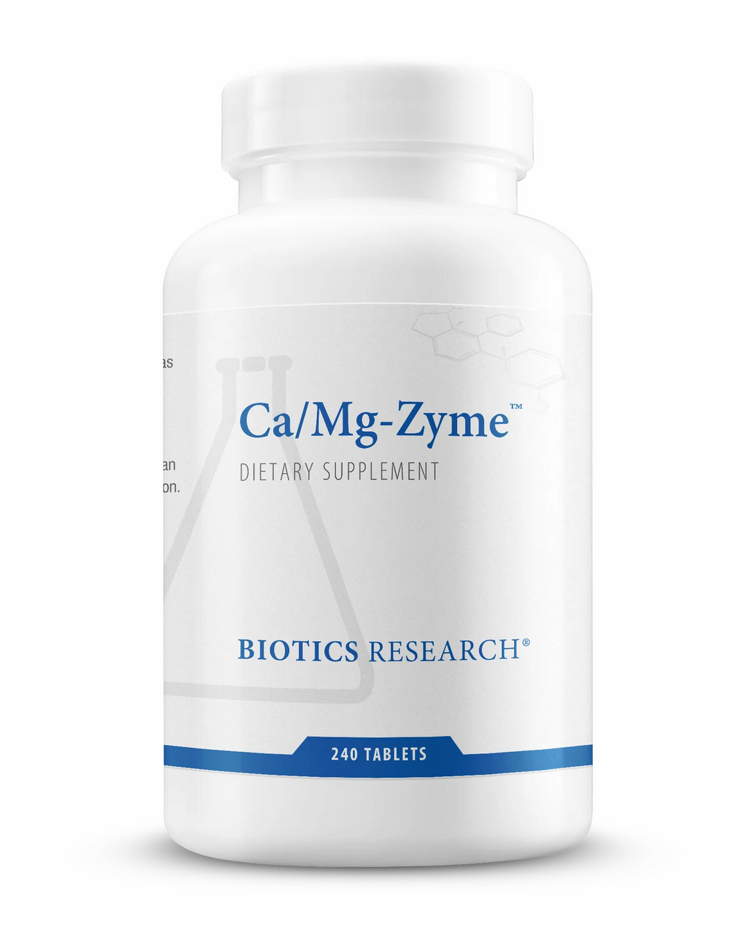 Biotics Research Ca/Mg-Zyme dietary supplement bottle featuring white packaging with blue accents, a laboratory beaker graphic, and a 240 tablets count.