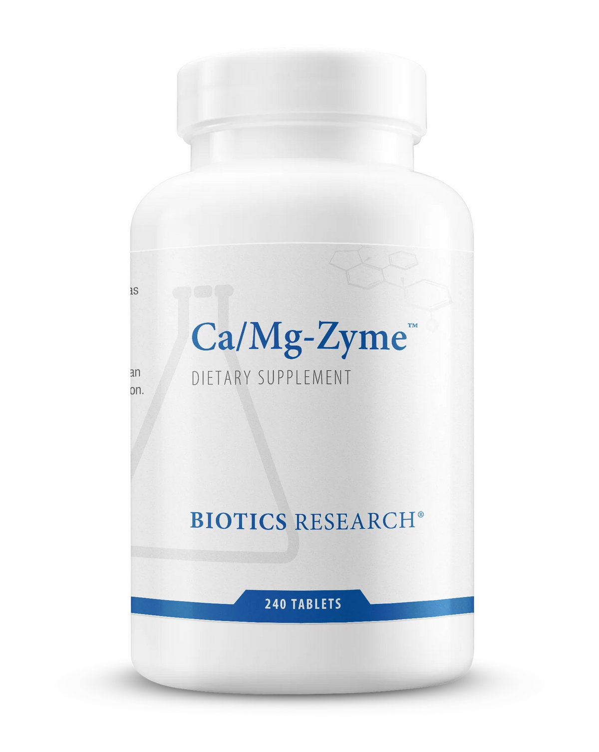 Biotics Research Ca/Mg-Zyme dietary supplement bottle featuring white packaging with blue accents, a laboratory beaker graphic, and a 240 tablets count.