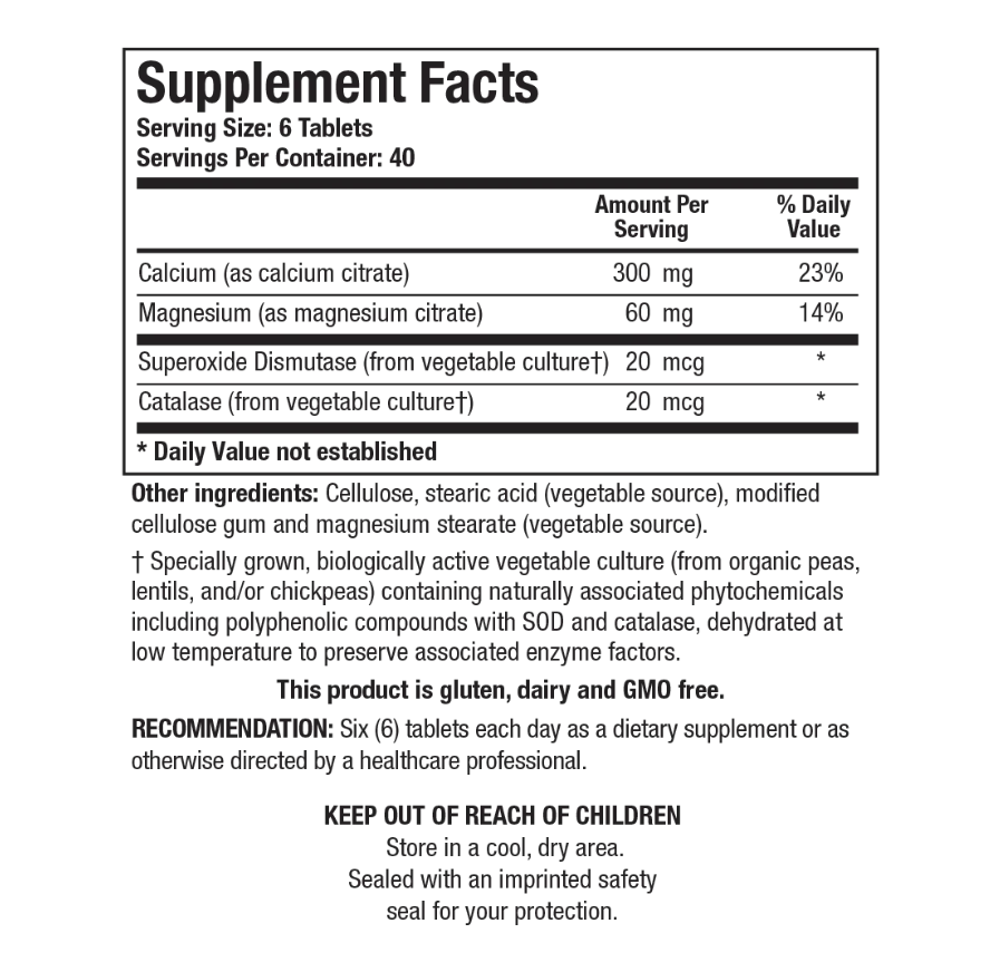 Supplement Facts label for Ca/Mg-Zyme showing a serving size of 6 tablets, containing 300 mg of calcium as calcium citrate, 60 mg of magnesium as magnesium citrate, Superoxide Dismutase, and Catalase.
