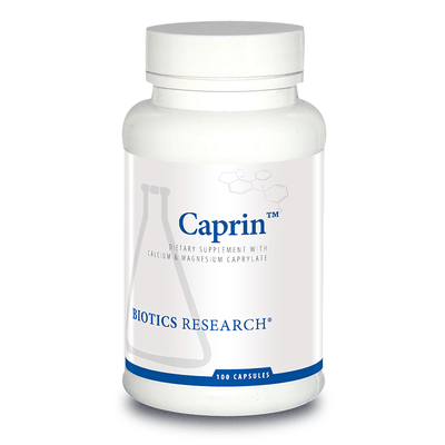 Biotics Research Caprin dietary supplement bottle featuring white packaging with blue accents, a laboratory beaker graphic, calcium and magnesium caprylate labeling, and a 100 capsules count.