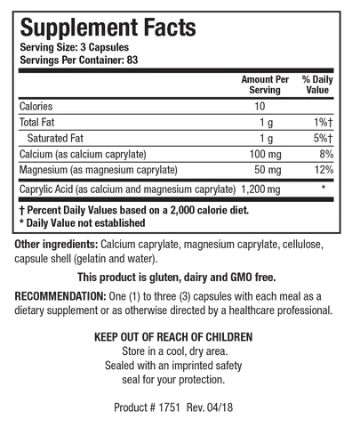 Supplement Facts label for Caprin showing a serving size of 3 capsules, containing 10 calories, 1 g of total fat, calcium and magnesium caprylate, and 1,200 mg of caprylic acid