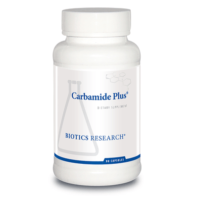 Biotics Research Carbamide Plus dietary supplement bottle featuring white packaging with blue accents, a laboratory beaker graphic, and a 90 capsules count.