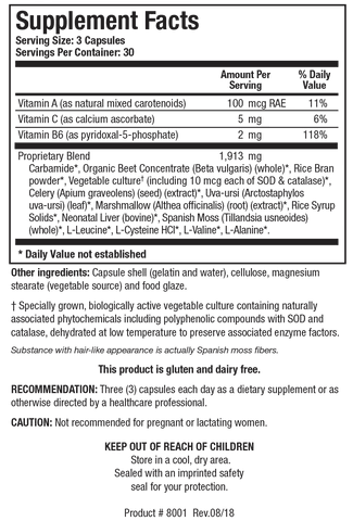 Supplement Facts label for Carbamide Plus showing a serving size of 3 capsules, containing Vitamin A, Vitamin C, Vitamin B6, and a 1,913 mg proprietary blend featuring carbamide, organic beet concentrate, rice bran powder, vegetable culture, celery, uva-ursi, marshmallow, neonatal liver, and Spanish moss.