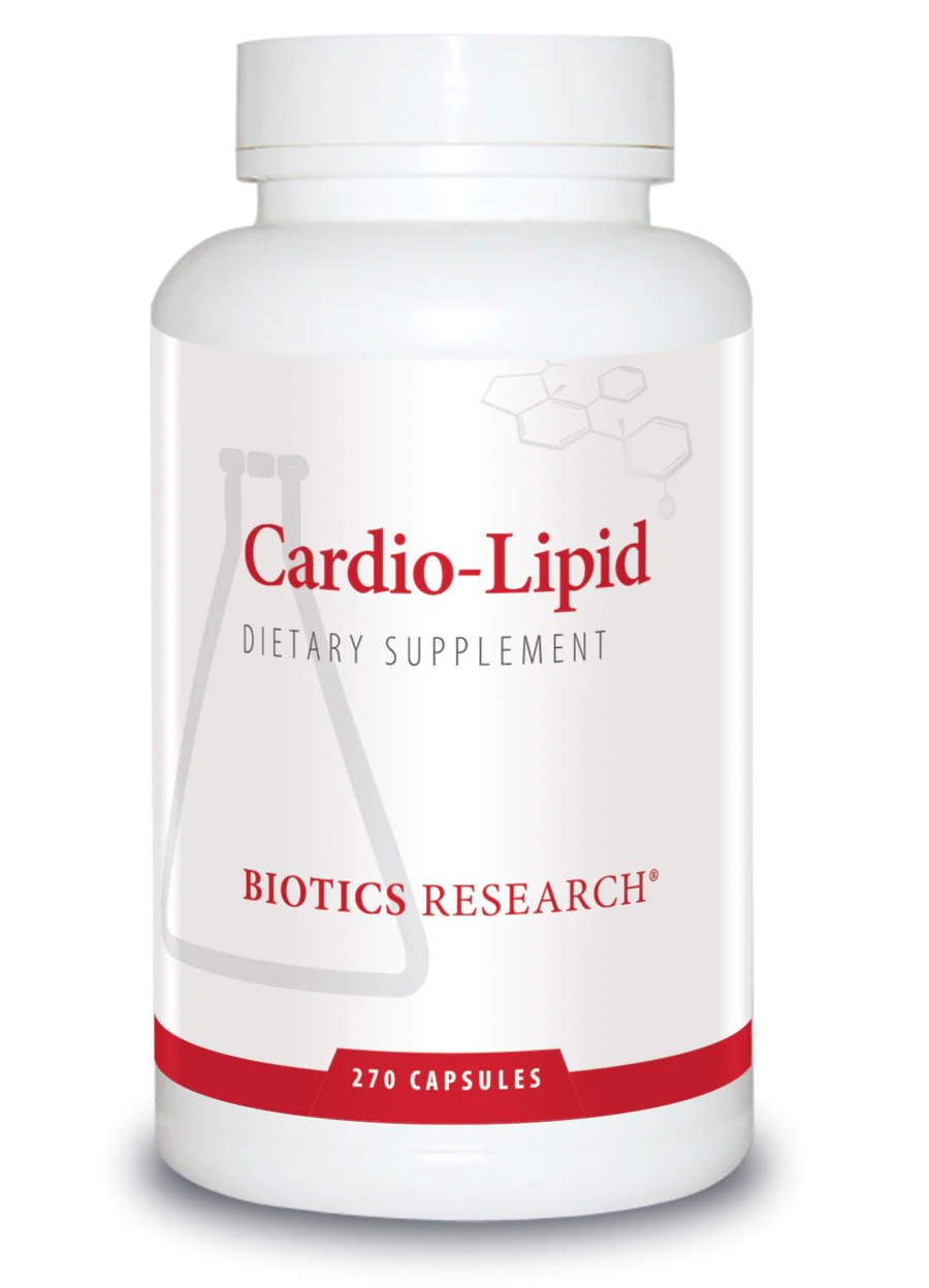 Biotics Research Cardio-Lipid dietary supplement bottle featuring white packaging with red accents, a beaker graphic, and 270 capsules count.