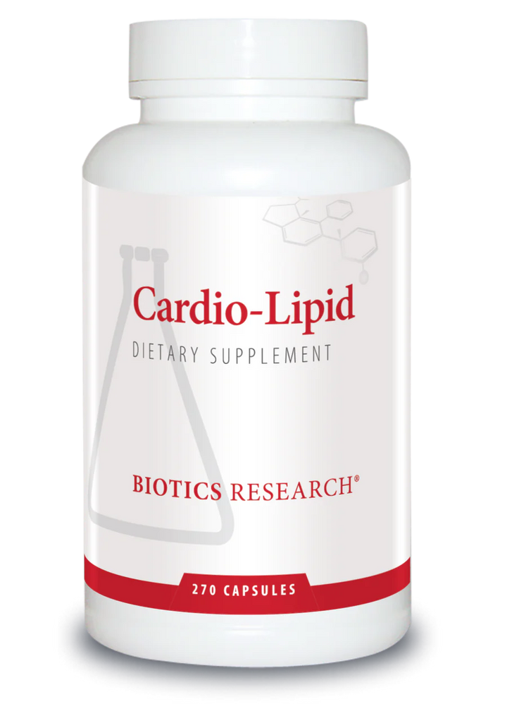 Biotics Research Cardio-Lipid dietary supplement bottle featuring white packaging with red accents, a beaker graphic, and 270 capsules count.