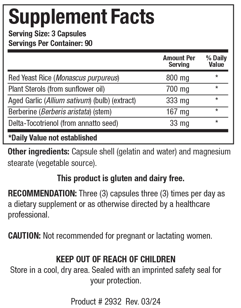 Supplement Facts label for Cardio-Lipid showing 90 servings per container with a serving size of 3 capsules, detailing Red Yeast Rice, Plant Sterols, Aged Garlic extract, Berberine, and Delta-Tocotrienol per serving.