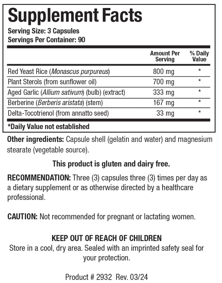 Supplement Facts label for Cardio-Lipid showing 90 servings per container with a serving size of 3 capsules, detailing Red Yeast Rice, Plant Sterols, Aged Garlic extract, Berberine, and Delta-Tocotrienol per serving.