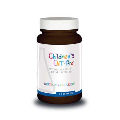 Biotics Research Children's ENT-Pro specialized probiotic dietary supplement bottle featuring a brown bottle with a white cap, multicolored lettering, a laboratory beaker graphic, and a 60 lozenges count