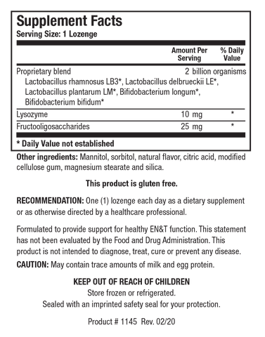 Supplement Facts label for Children's ENT-Pro showing a serving size of 1 loenge, containing a proprietary blend of 2 billion organisms including various Lactobacillus and Bifidobacterium strains, 10 mg of lysozyme, and 25 mg of fructooligosaccharides.