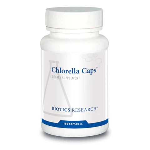 Biotics Research Chlorella Caps dietary supplement bottle featuring white packaging with blue accents, a laboratory beaker graphic, and a 180 capsules count.