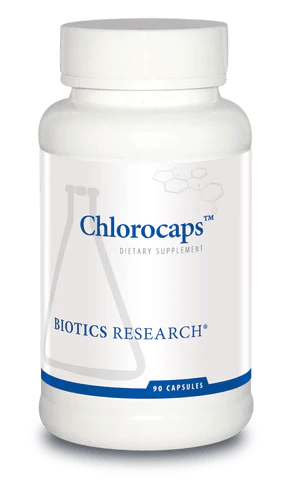 Biotics Research Chlorocaps dietary supplement bottle featuring white packaging with blue accents, a laboratory beaker graphic, and a 90 capsules count