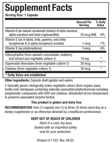 Supplement Facts label for Chlorocaps showing a serving size of 1 capsule, containing Vitamin A, Vitamin E, Vitamin K, 10 mg of chlorophyllins from spinach concentrate, mulberry leaf extract, and vegetable culture, plus Superoxide Dismutase and Catalase
