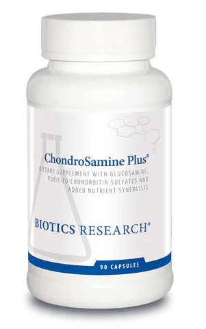 Biotics Research ChondroSamine Plus dietary supplement bottle featuring white packaging with blue accents, a laboratory beaker graphic, glucosamine, purified chondroitin sulfates, and nutrient synergists labeling, and a 90 capsules count.