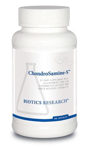 Biotics Research ChondroSamine-S dietary supplement bottle featuring white packaging with blue accents, a laboratory beaker graphic, glucosamine, purified chondroitin sulfates, and nutrient synergists labeling, and a 90 capsules count