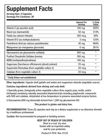 Supplement Facts label for ChondroSamine-S showing a serving size of 3 capsules, containing vitamins C, niacin, folate, B12, pantothenic acid, manganese, 600 mg of glucosamine, 500 mg of purified bovine chondroitin sulfates, and MSM.