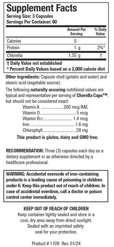 Supplement Facts label for Chorella Caps showing a serving size of 3 capsules with 5 calories, 1g of protein, and 1.35g of Choresa, along with naturally occurring nutritional values including Vitamin A, Vitamin D, Vitamin B12, iron, and chlorophyll.