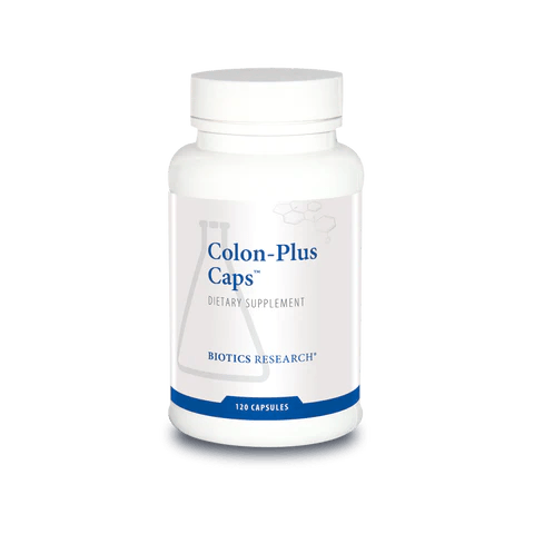 Biotics Research Colon-Plus Caps dietary supplement bottle featuring white packaging with blue accents, a laboratory beaker graphic, and a 120 capsules count.