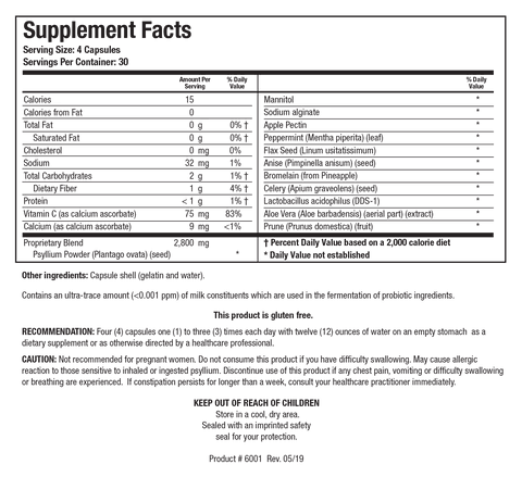 Supplement Facts label for Colon-Plus Caps showing a serving size of 4 capsules, containing 15 calories, Vitamin C, calcium, a proprietary blend featuring psyllium powder, and a comprehensive mix of fibers, herbs, and Lactobacillus acidophilus (DDS-1).