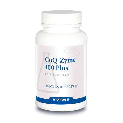 Biotics Research CoQ-Zyme 100 Plus dietary supplement bottle featuring white packaging with blue accents, a laboratory beaker graphic, and a 60 capsules count