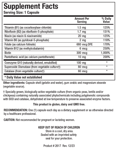 Supplement Facts label for CoQ-Zyme 100 Plus showing a serving size of 1 capsule, containing B-complex vitamins, 100 mg of naturally derived emulsified Coenzyme Q10, 80 mcg of Superoxide Dismutase, and 80 mcg of Catalase.