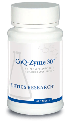 Biotics Research CoQ-Zyme 30 dietary supplement bottle featuring white packaging with blue accents, a laboratory beaker graphic, emulsified coenzyme Q10 labeling, and a 60 tablets count.