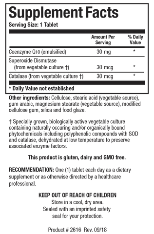 Supplement Facts label for CoQ-Zyme 30 showing a serving size of 1 tablet, containing 30 mg of emulsified Coenzyme Q10, 30 mcg of Superoxide Dismutase, and 30 mcg of Catalase.