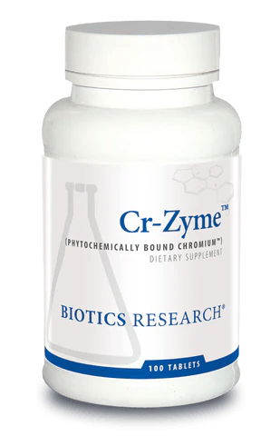 Biotics Research Cr-Zyme dietary supplement bottle featuring white packaging with blue accents, a laboratory beaker graphic, phytochemically bound chromium labeling, and a 100 tablets count.
