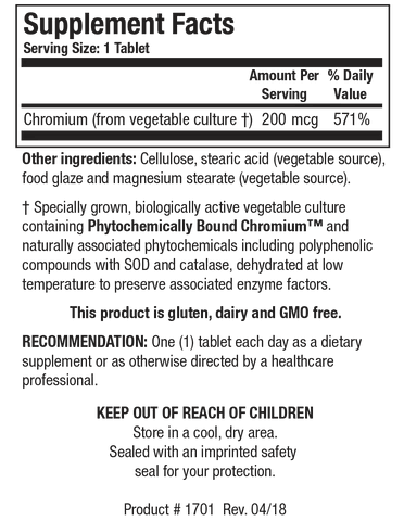 Supplement Facts label for Cr-Zyme showing a serving size of 1 tablet, containing 200 mcg of Chromium from vegetable culture providing 571% of the daily value