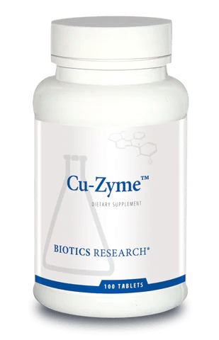 Biotics Research Cu-Zyme dietary supplement bottle featuring white packaging with blue accents, a laboratory beaker graphic, and a 100 tablets count.
