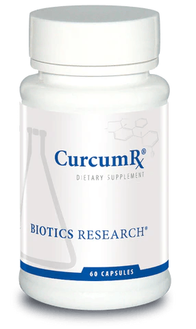 Biotics Research CurcumRx dietary supplement bottle featuring white packaging with blue accents, a laboratory beaker graphic, and a 60 capsules count.