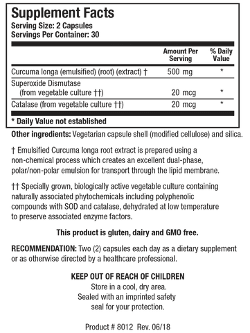 Supplement Facts label for CurcumRx showing a serving size of 2 capsules, containing 500 mg of emulsified Curcuma longa root extract, 20 mcg of Superoxide Dismutase, and 20 mcg of Catalase.